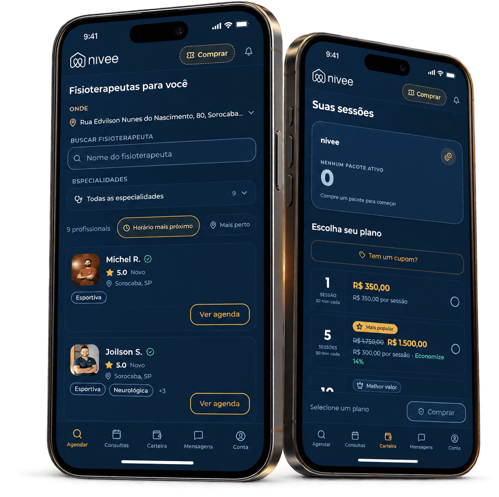 Duas telas do app Nivee: a busca de fisioterapeutas por perto e a carteira com os planos de sessões.